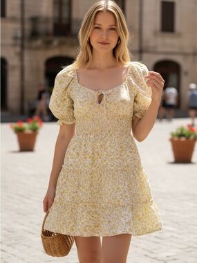 Trixxi Yellow Floral Puff Sleeve Mini Dress Size M Cottagecore
